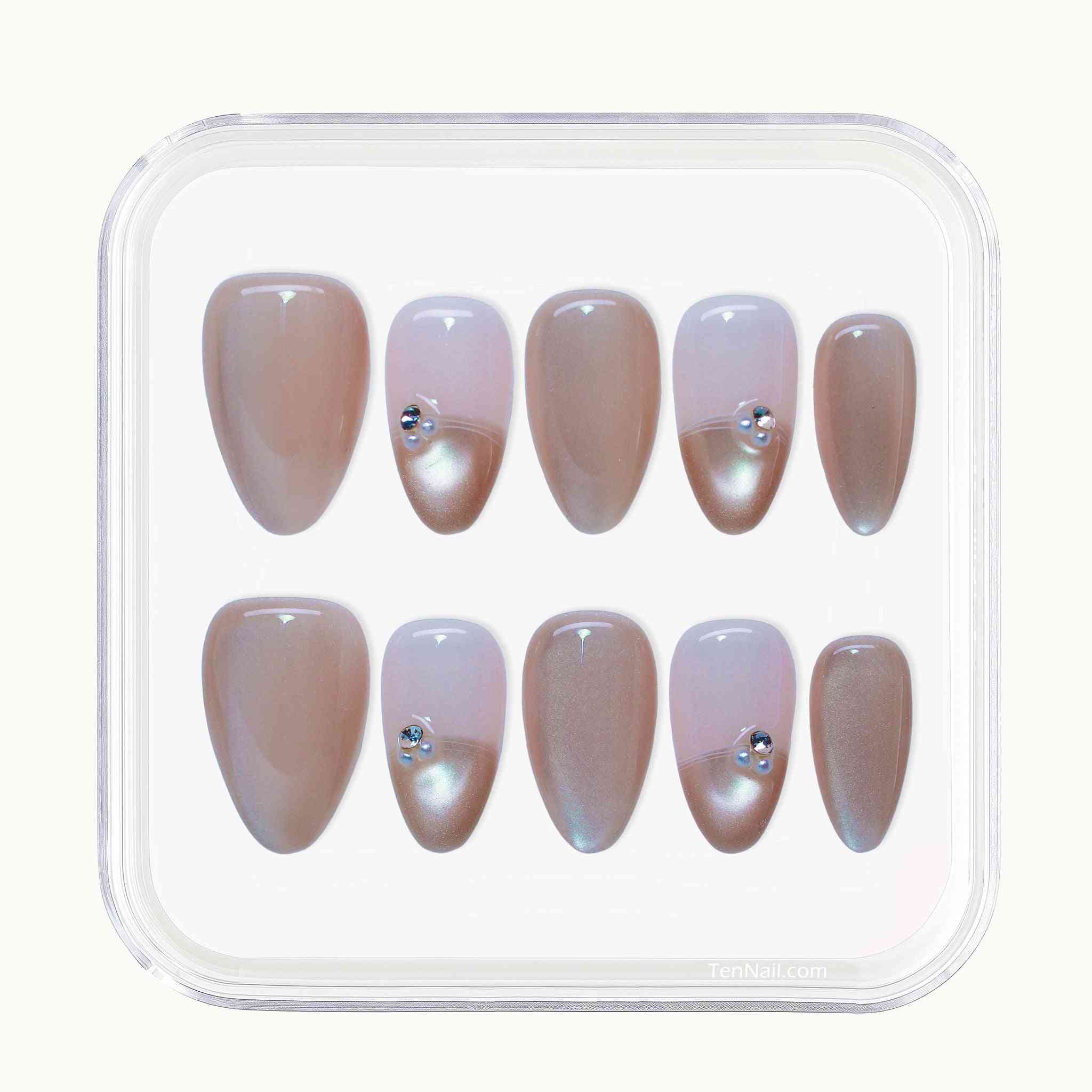 Dewy French Tip Nails with soft nude hues, French tips, rhinestone details¡ªelegant press-on nails for a refined look, easy to apply and long-wearing.